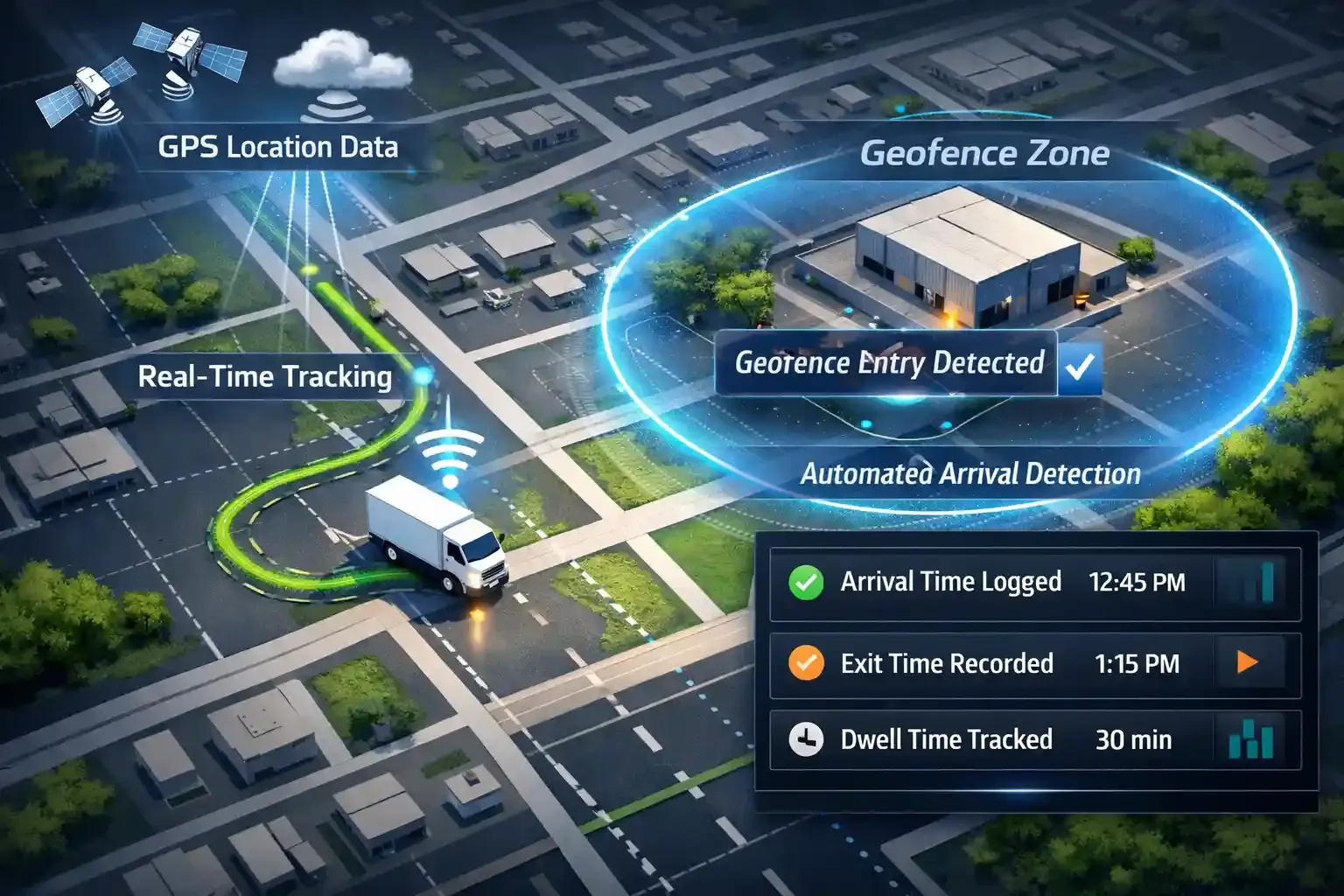 GPS tracking triggering geofence alerts when delivery vehicle enters zone.